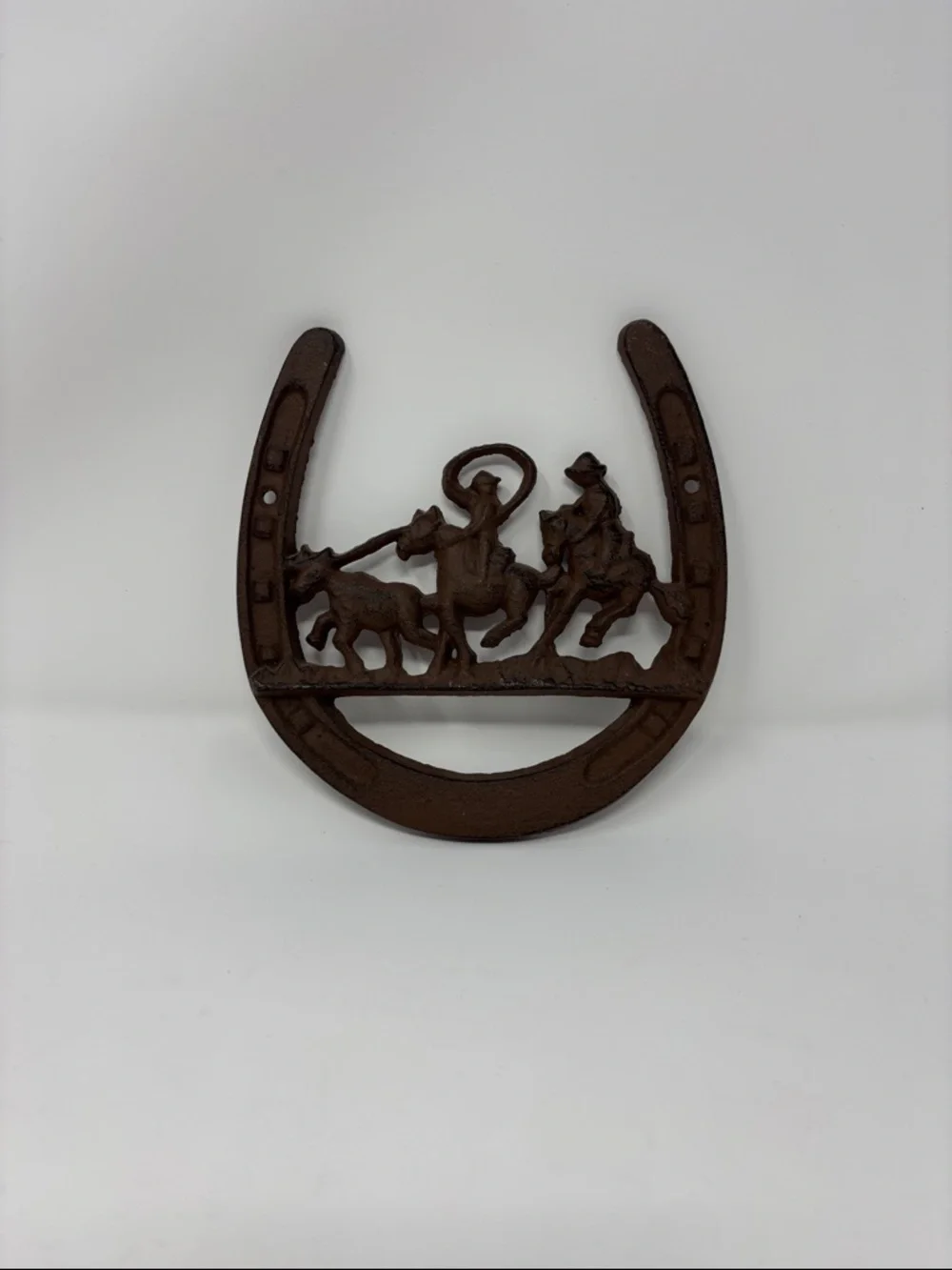 Rust Brown Horseshoe Wall Art with Cowboy Scene